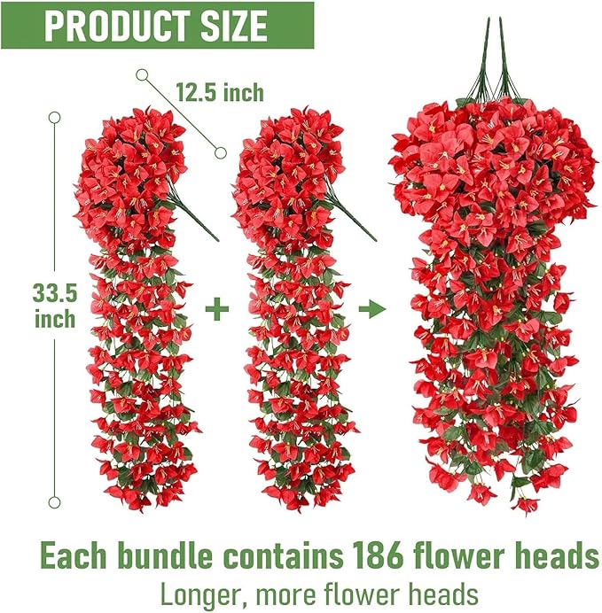 ATTGREAT Artificial Bougainvillea for Outdoors Faux Plants UV Resistant Flowers Fake Plastic Plants Realistic Silk Flowers for Porch Planter Garden Outside Hanging Decoration, 2Pcs (Red)