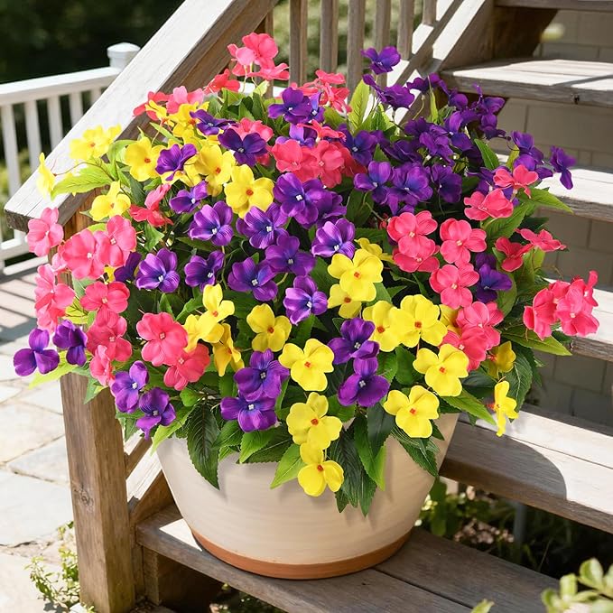 Artificial Impatiens Flowers for Outdoors, 6 Bundles Multicolor Silk Fake Flowers for Spring Summer Decoration, UV Resistant Faux Plants Plastic Bouquet for Home Planter Porch Patio Yard Decor