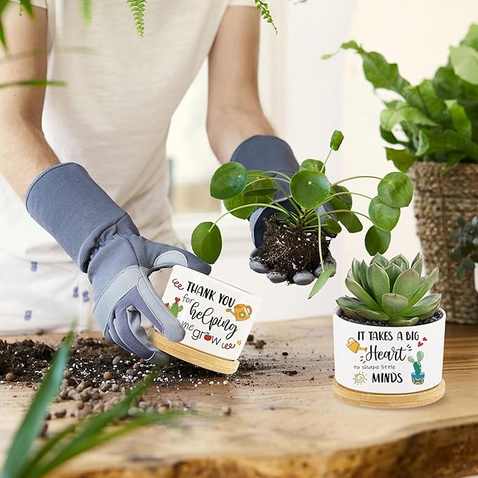 3Pcs Teacher Appreciation Gift Succulent Pots Mini Ceramic Plant Pot with Bamboo Tray Pots Planters for Best Teacher Thank You for Helping Me Grow for Graduation Birthday Plants Not Included