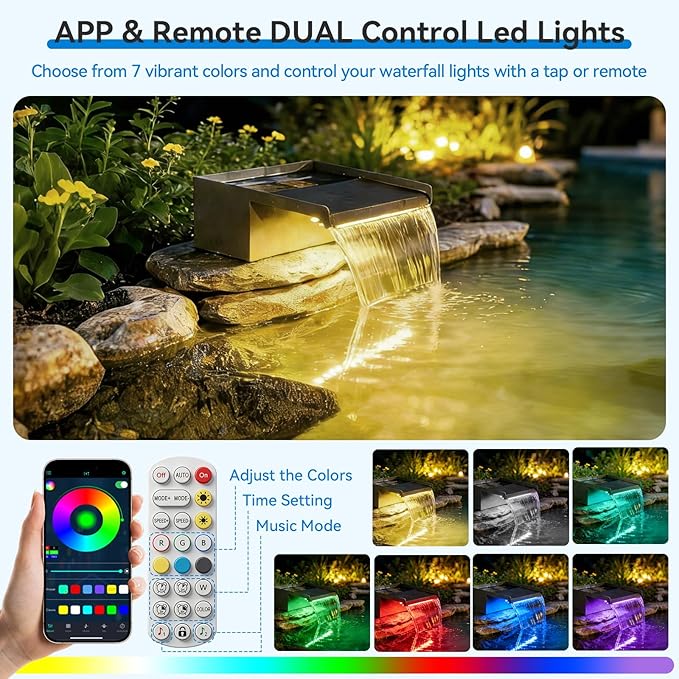 POPOSOAP 12INCH Pond Waterfall Spillway with Multi-Stage Pond Filter & RGB LED Lights APP/Remote Control, 40W 660GPH Pump with 9.8FT Tubing for Garden Ponds, Aquariums, Outdoor Landscapes-P7331D