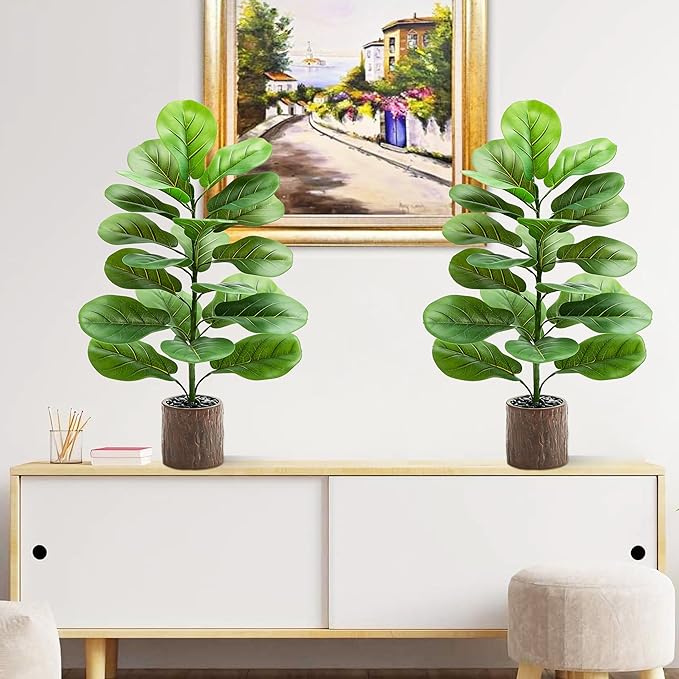 2 Pack Artificial Fiddle Leaf Fig Tree 30in, Faux Fig Trees Floor Plant in Pot Fake Ficus Lyrata Plant, Table Top Plant with Fiddle Leaves for Indoor Outdoor Home, Office, Living Room, Bathroom Decor