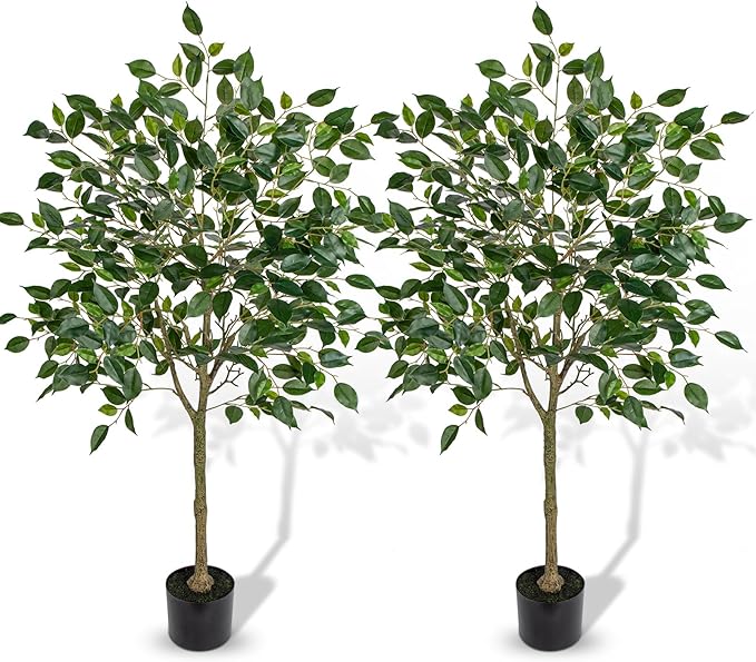 2 Pack Ficus Artificial Trees for Outdoors Indoor, 4ft Big Fake Plants with Pot and Realistic Leaves, Faux Plants Tall Outdoor for Home,Office, Living Room, Garden Decor