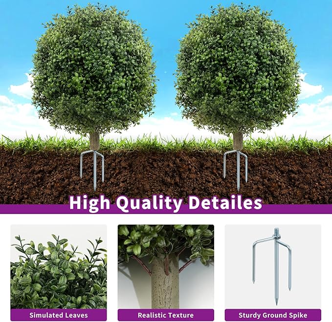 2 Pack Artificial Boxwood Topiary Ball Trees for Outdoors, 27" Faux Boxwood Topiary Bush with Metal Ground Spike UV Resistant Realistic Evergreen for Front Porch, Garden, Yard & Balcony Decor