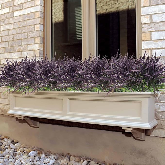 Ouddy Decor 16 Bundles Artificial Plants Outdoor Fake Grass Greenery Stems UV Resistant Faux Plastic Plants Shrubs for Spring Summer Garden Pathway Window Box Farmhouse Front Porch Home Decor, Purple