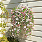 Artificial Flowers for Outdoors Spring Decor, 6 Bundles UV Resistant Realistic Faux Silk Hanging Flowers, Fake Plants for Planter Indoor Outside Garden Porch Patio Balcony Yard (Pink White)