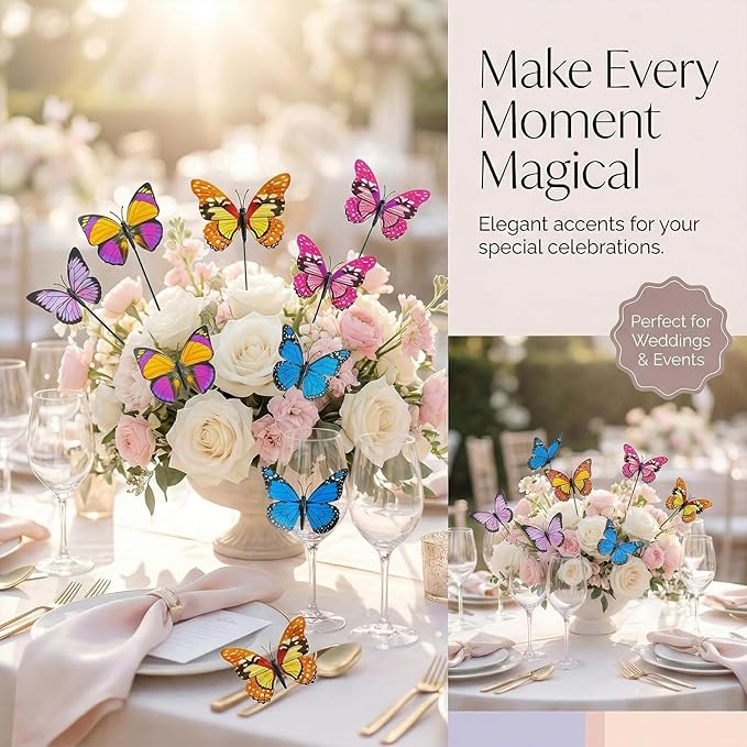 VGOODALL 50pcs Butterfly Garden Decorations, 11.5 inch Plastic Butterfly Stakes Ornaments Artificial Butterflies for Flower Bouquet Arrangements Crafts Outdoor Wall Patio Plant Yard Decor