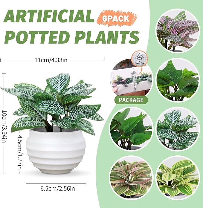 Artificial Potted Plants Set of 6, Bathroom Decor 3.94" Mini Fake Plants in Plastic Pots - Realistic Fake Greenery for Home, Office, Desk, Bathroom & Kitchen Decor,Small Plants Gift Set