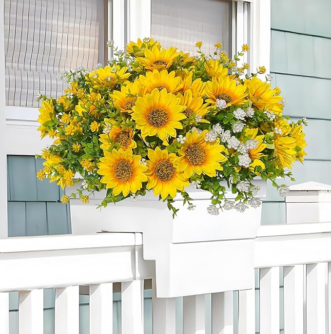 Artificial Sunflowers Faux Flowers Plants for Spring Outdoor UV Resistant, Fake Silk Realistic Yellow Sun Flowers for Easter Outside Porch Planters Patio Home Decoration, 8 Bundles