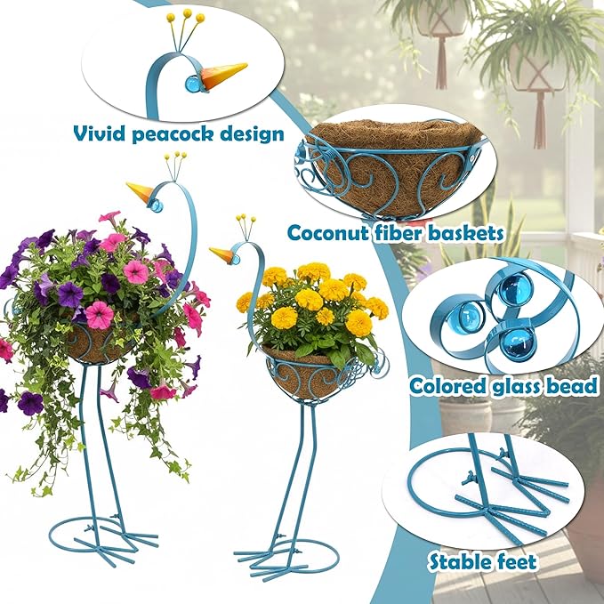 J-Fly Peacock Metal Plant Stand 2 Sets Flower Pots Holders, Planters for Outdoor Indoor Plants with Coconut Pots, Front Porch Garden Balcony Patio Decor for Plant, Valentine Decoration Gifts