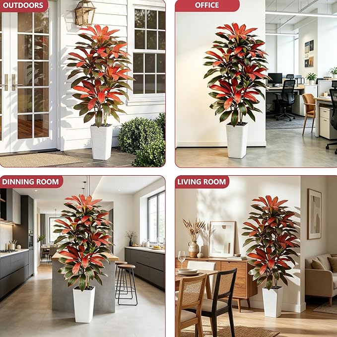 Artificial Red Dracaena Tree - 5FT Tall Fake Plants with White Tall Planter - Artificial Plants Indoor Floor Plant in Pot - Large Tropical Fake Yucca Potted Tree for Home Office Living Room Decor