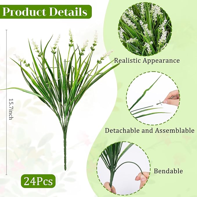 24 Bundles Artificial Plants Flowers Outdoor, Faux Lavender Flowers Fake Monkey Grass UV Resistant Plastic Plant for Porch Garden Patio Window Home Decor, White