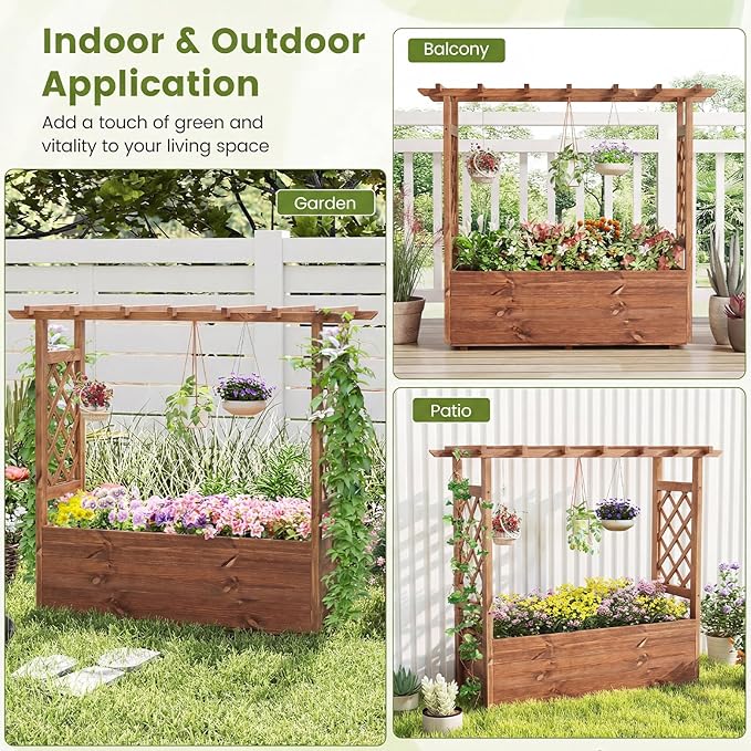 Giantex Raised Garden Bed with Sided Trellis & Roof, 45”x16”x41” Wood Elevated Planter Box, Freestanding Garden Planter Raised Bed for Flowers Herbs Climbing Vines,Brown,1