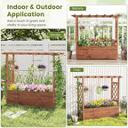 Giantex Raised Garden Bed with Sided Trellis & Roof Set 2, 31”x16”x41” Wood Elevated Planter Box, Freestanding Garden Planter Raised Bed for Flowers Herbs Climbing Vines,Brown