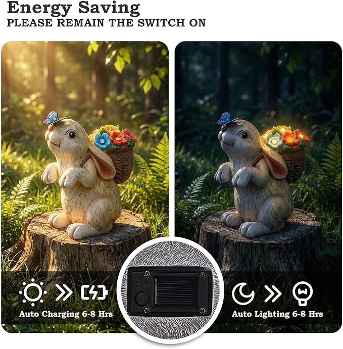 PETAFLOP Solar Garden Statues Outdoor Decor, Rabbit with Flower Basket & Butterfly Birthday for Patio Balcony Backyard Lawn Yard Decorations, Housewarming Gifts for Women, Mom, Grandma