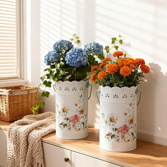Set of 2 Farmhouse Floral Metal Flower Bucket Vase, Rustic Embossed Daisy Bee Design Planter with Hollowed-Edge, Decorative Pot for Indoor Outdoor Home Garden, Kitchen, Patio