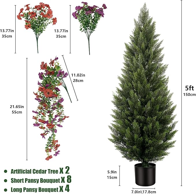 Artificial Topiary Cedar Trees 5FT Tall 2 Set with 12 Bundles Faux Silk Flowers, Outdoor Indoor Faux Pine Shrubs Plants, Fake Bushes Plants for Home Front Porch Door Patio