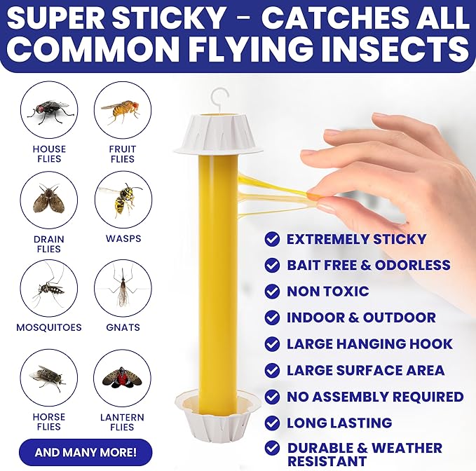 Fly Stick Sticky Fly Traps for Indoors Outdoor 6pk. Non-Toxic Super Sticky Hanging Flies Catcher Paper Tape Strips for Home. Catches All Bugs and gnats. Indoor Outdoor House Flying Insect Trap.