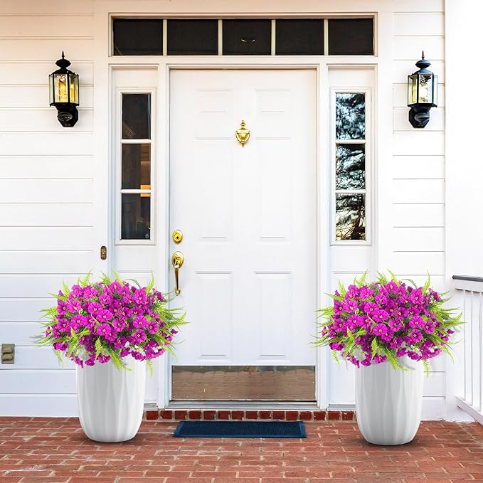 Artificial Flowers for Outdoors 12 Bundles Artificial Petunias Fake Flowers UV Resistant Shrubs Plants with Fern for Indoor Outside Hanging Planters Home Garden Spring Decorations (Magenta)