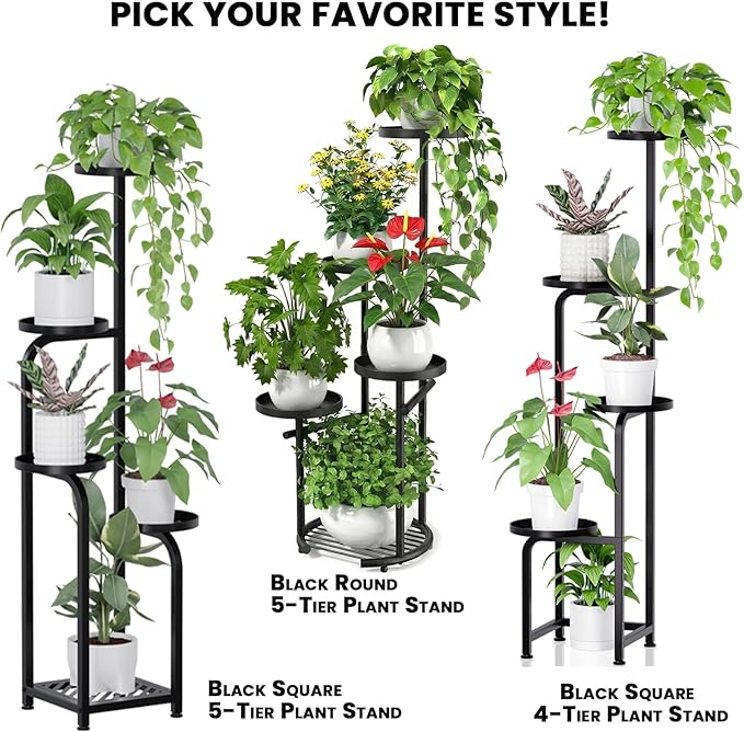 TOSKING 5-Tier Tall Plant Stand Indoor & Outdoor, Anti-Tip Round Base for Pots, Child and Pet Friendly, Heavy Duty Corner Shelf for Multiple Plants, Space-Saving Design for Living Room Balcony Garden (Black, 38in)