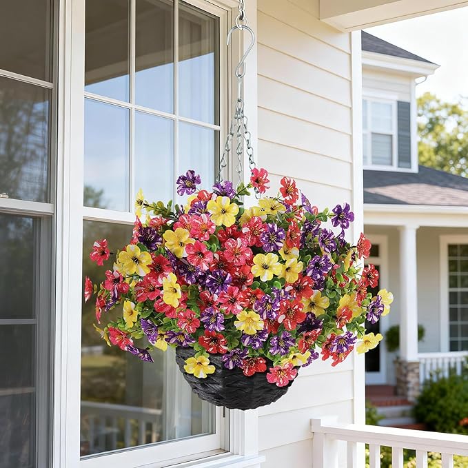 Artificial Flower & Eucalyptus with Hanging Basket - 2PCS Faux UV Sun Resistant Morning Glory in Planter, Fake Colorful Silk Flowers for Spring Summer Porch Patio Balcony Yard Decor (Mixed Color)