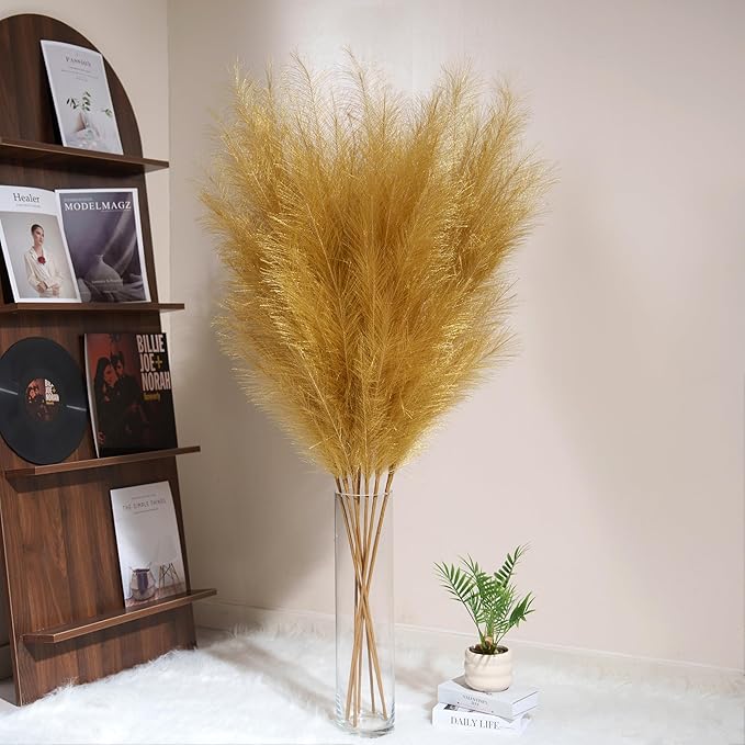 Premium Faux Gold Pampas Grass – 55" Tall Ultra-Fluffy 24-Branch One-Piece Stems No Assembly, Luxury Silk-Feel Feather Flowers for Wedding Boho Luxe Home Decor (Champagne Gold, 8 Stems)