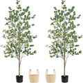 Caxchiling Artificial Eucalyptus Tree 6FT, Faux Tree for Indoor Outdoor, Potted Plants with Planter and Basket, Lifelike Silk Plants with Natural Wood Trunk, Home Office Greenery Decor, 2 Pack