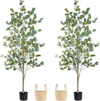 Caxchiling Artificial Eucalyptus Tree 6FT, Faux Tree for Indoor Outdoor, Potted Plants with Planter and Basket, Lifelike Silk Plants with Natural Wood Trunk, Home Office Greenery Decor, 2 Pack