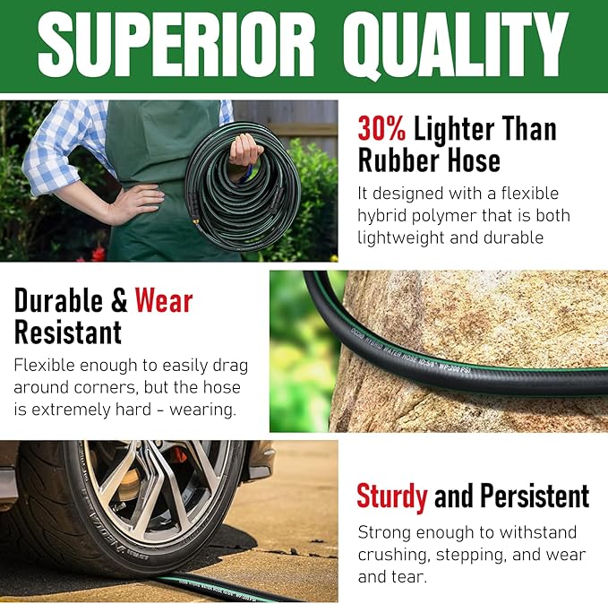 Heavy Duty Garden Hose 75 ft, NON-EXPANDABLE Water Hose with 10 Function Spray Nozzle, Lightweight Kink-less Hybrid Hose with Swivel Handle, Male to Female Fittings