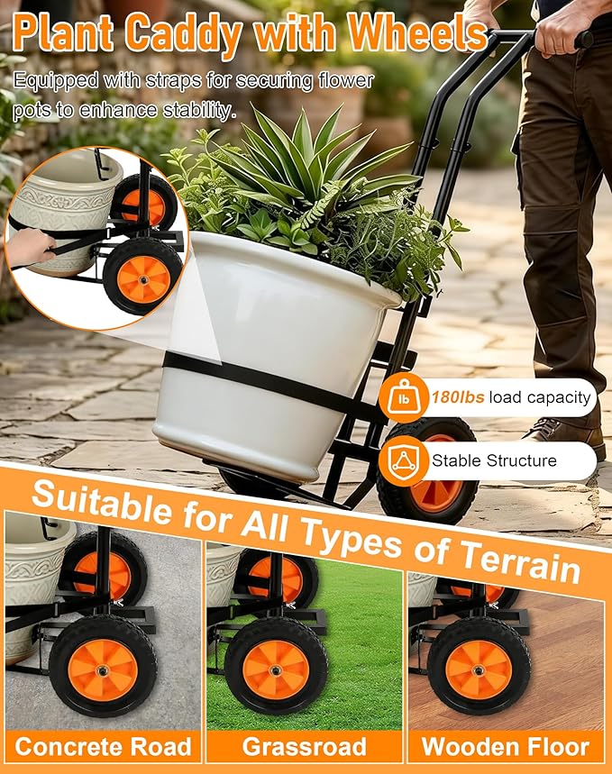 Heavy Duty Plant Caddy with Wheels, Plant Dolly Cart, Adjustable Grabbing Arm & Suction Cups for Easy Plant Movement, Versatile Indoor/Outdoor Plant Dolly Trolley Cart with Strap, Black