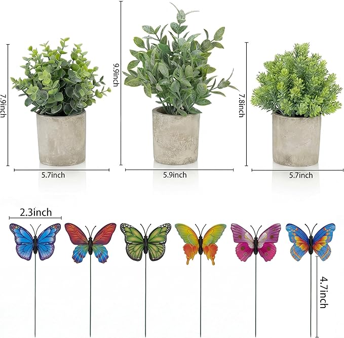 3 Pack Mini Potted Fake Plants Artificial Eucalyptus & Greenery Topiaries with 6 Butterflies,Artificial Plants for Shelf Desk Home Bathroom Farmhouse Room Coffee Table Decor