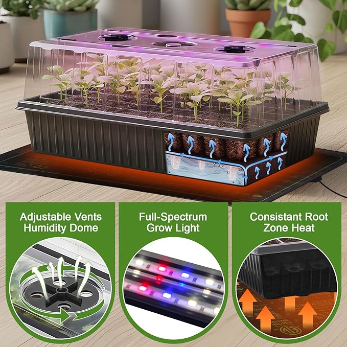 60-Cell Self-Watering Seed Starter Tray with Grow Light, Indoor Seed Starting Kit Trays with Heat Mat, Adjustable Brightness Plant Germination Trays Growing Kit with 4.13" Humidity Dome for Seeds Grow