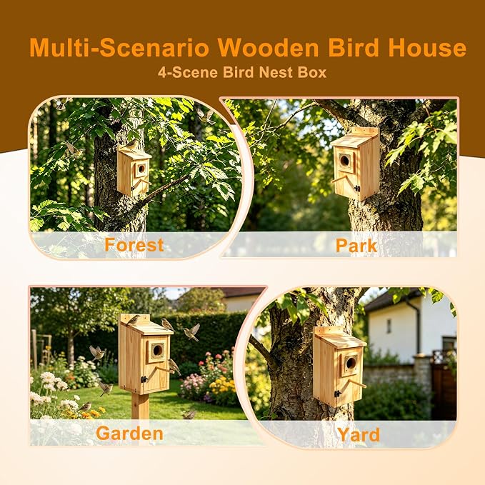 Bird Houses for Outside, Cedar Bluebird Houses with Metal Predator Guard, Birdhouse for Wren Bluebirds Finches Swallows,Ventilated Design & Easy Access Clean, Natural Wood