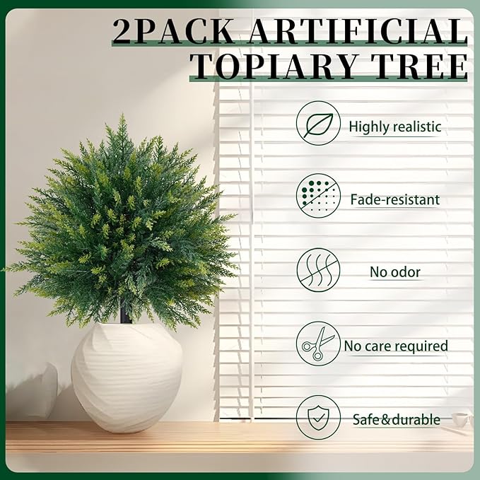 2 Pack Artificial Cedar Topiary Trees with Ground Spike, Fake Pine Shrubs Bushes, UV Resistant Faux Evergreen Cypress Tree Plants for Indoor Outdoor Planters Front Porch