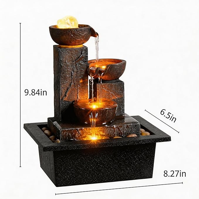 Tolevoit Three Bowls with Rotating Ball Flowing Tabletop Fountain Home Décor Indoor Decor Waterfall Sound Zen Mini Fountain Warm Led Light Pebbles Stone(23114)