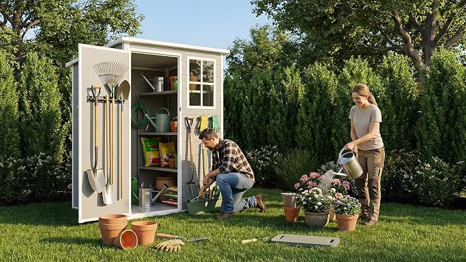 5x3 FT Outdoor Storage Shed with Floor & Window, All-Weather Resin Garden Tool Shed, Waterproof Plastic Garden Shed with Lockable Door, Vents & Roof Rainwater Drainage for Backyard, Garden, Poolside