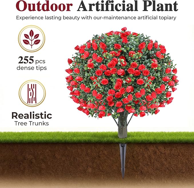 PATIO CHOICE Topiary Trees Artificial Outdoor Boxwood Ball Trees with Rose Set of 2 22" Fake Outdoor Plants Faux Bushes and Shrubs Decorations for Outdoor Indoor Front Porch Garden