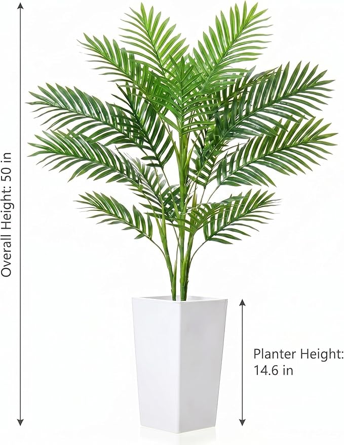 Garvee 4.2FT Artificial Palm Tree, Tall Faux Tropical Areca Plants with White Tall Planter, Fake Potted Tree with Lifelike Leaves for Indoor Living Room Bedroom Home Office Decor