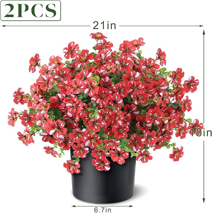 Artificial Morning Glory & Eucalyptus Topiary Trees - Set of 2 Faux Silk Flower Potted Plants, UV-Resistant Fake Outdoor Morning Glory Bushes for Front Door, Yard, Farmhouse, Garden Decor (Red)