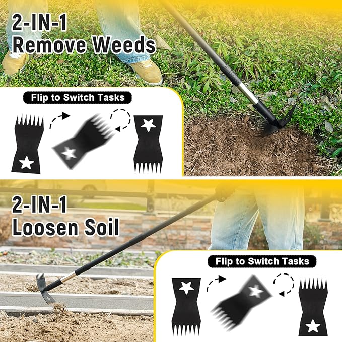 Weed Puller Tool with Long Handle 68", 2-in-1 Manual Weeds Remover, Heavy Duty Weed Rake and Garden Hoe Combo, Stand Up Weeder Uprooting Weeding Pull Tool for Garden Yard Lawn Patio