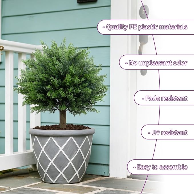 27.6 Inch Artificial Cedar Topiary Ball Trees, Set of 2 UV Resistant Fake Evergreen Trees Shrubs Bushes Artificial Plants with Ground Spike Faux Cypress Plants for Outdoor Front Porch Garden Decor
