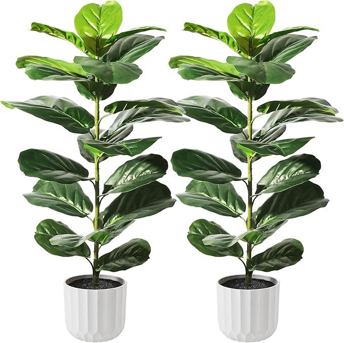 Suntee 2 Pack Artificial Fiddle Leaf Fig Tree, 30" Ficus Lyrata Fake Plants with White Planter, Floor Plant Outdoor Faux Plants for Living Room, Corner, Office, Patio, Windowsill Decor