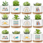 Sieral 12 Pcs Thank You Employee Appreciation Gift Succulent Pots Social Worker Gift Ceramic Plant Pot with Bamboo Tray Succulent Planter for Coworker Teacher, Plants Excluded (Social Worker)