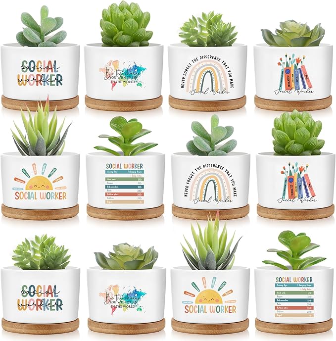Sieral 12 Pcs Thank You Employee Appreciation Gift Succulent Pots Social Worker Gift Ceramic Plant Pot with Bamboo Tray Succulent Planter for Coworker Teacher, Plants Excluded (Social Worker)
