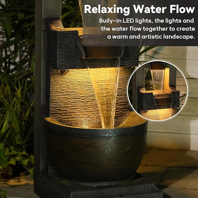 Bumilgar 39" H Modern Indoor Fountain with LED Lights and Pump, 3-Tier Standing Cascading Waterfall - Modern Design for Garden/Patio/Yard, Multi-Level Outdoor Decor 15“x14”x39“(Brown)