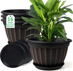 FGstyle 4 Pack 16 inch Plant Pots, Retro Vertical Stripe Planters with Drainage Holes and Saucer, Sturdy Plastic Garden Flower Pots for Indoor & Outdoor Plants(Black)