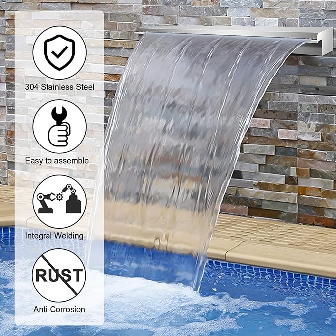 Pool Waterfall Fountains, Stainless Steel Rectangular Pool Waterfall Spillway with Pipe Connector for Indoor/Outdoor Decorative (59.1 Inch)
