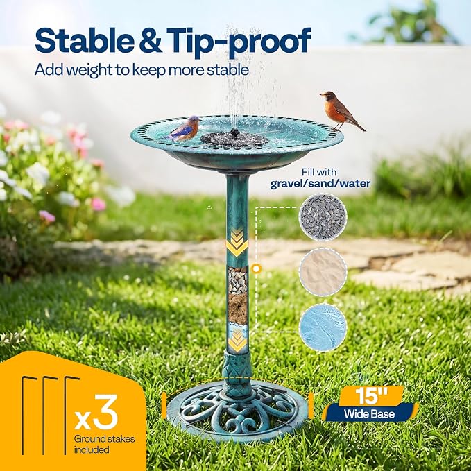 VIVOHOME Bird Bath with Solar Fountain for Outside, Polyresin Pedestal Bird Baths with Solar Powered Pump for Outdoor, Garden, Weather-Resistant Birdbaths with 20" Bowl, Green