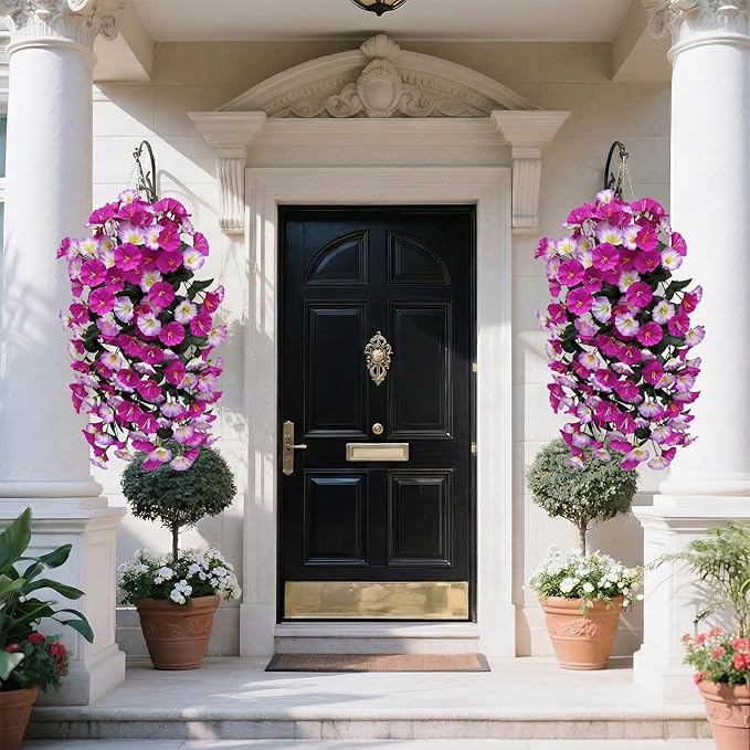 Artificial Flowers for Outdoors Fake Fuchsia Pink Morning Glory Hanging Flower Decoration, 2Pcs Realistic Faux Plants Petunias Long Trailing Vines,Spring Decor for Porch Patio Balcony Planter Yard
