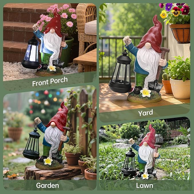 Gnome Garden Decor Statue with Lantern, Solar Gnomes Outdoor Decorations with LED Lights, Lawn Decor Yard Ornament for Patio Balcony, Mother's Day Birthday Gift for Mom Grandma