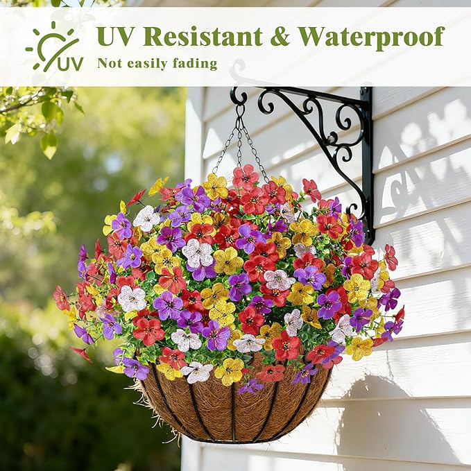 Alupssuc 20 Bundles Artificial Flowers for Outdoor Indoor Decoration, UV Resistant No Fade Fake Plants Eucalyptus, Colorful Faux Spring Flowers for Outside Yard Porch Patio Garden Home Window Box